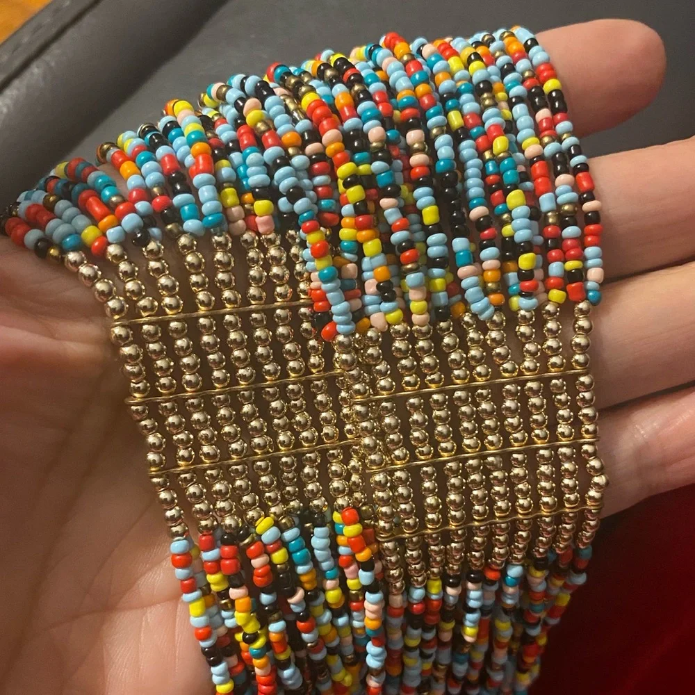 Beautiful Multicolored & Gold 20 Strand Seed Bead Statement Necklace 27”